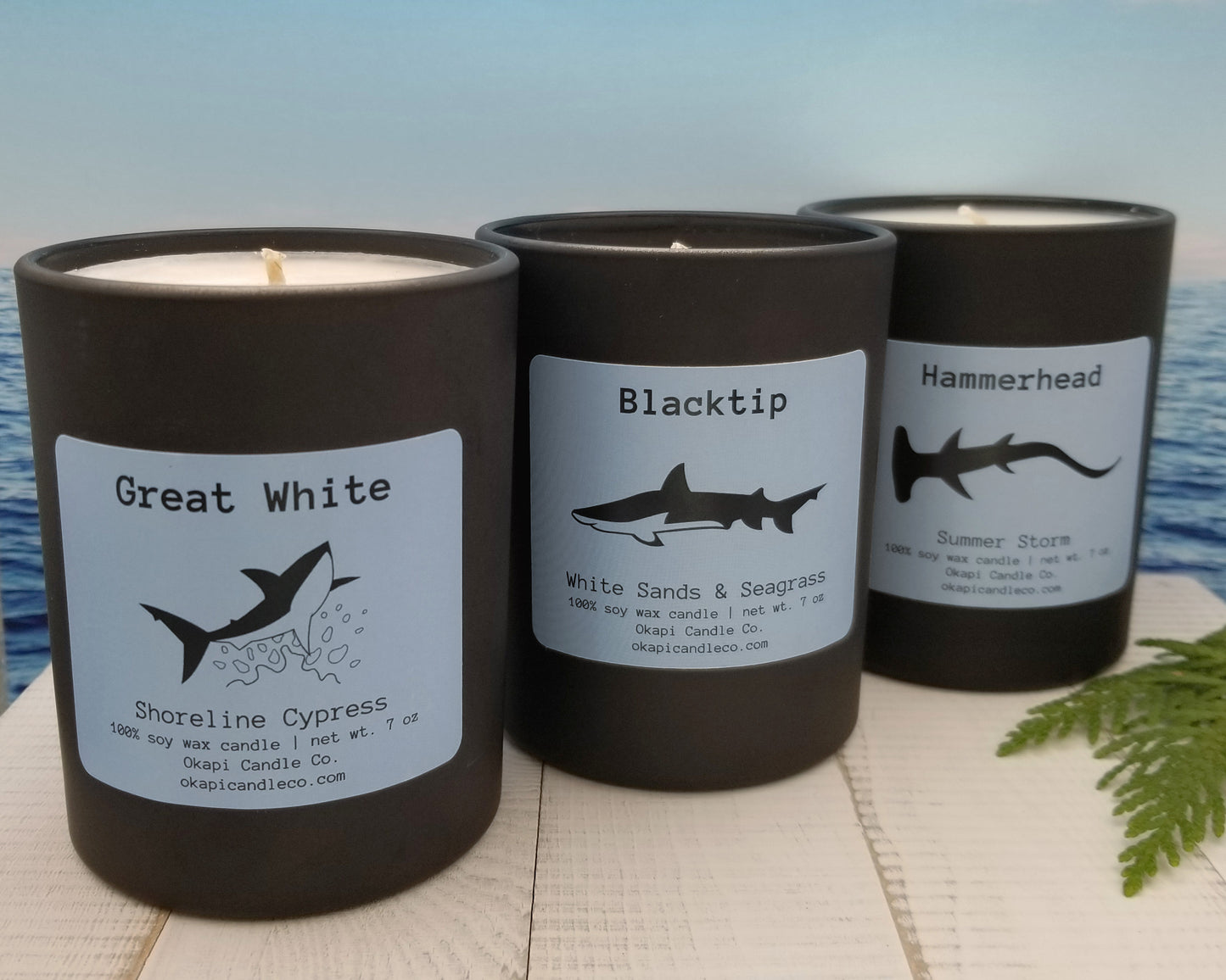 Shark-Inspired Beach Candle Bundle: Great White, Blacktip, and Hammerhead Shark Candles - Set of 3 Candles