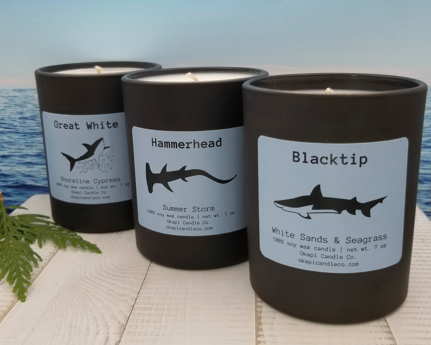 Shark-Inspired Beach Candle Bundle: Great White, Blacktip, and Hammerhead Shark Candles - Set of 3 Candles