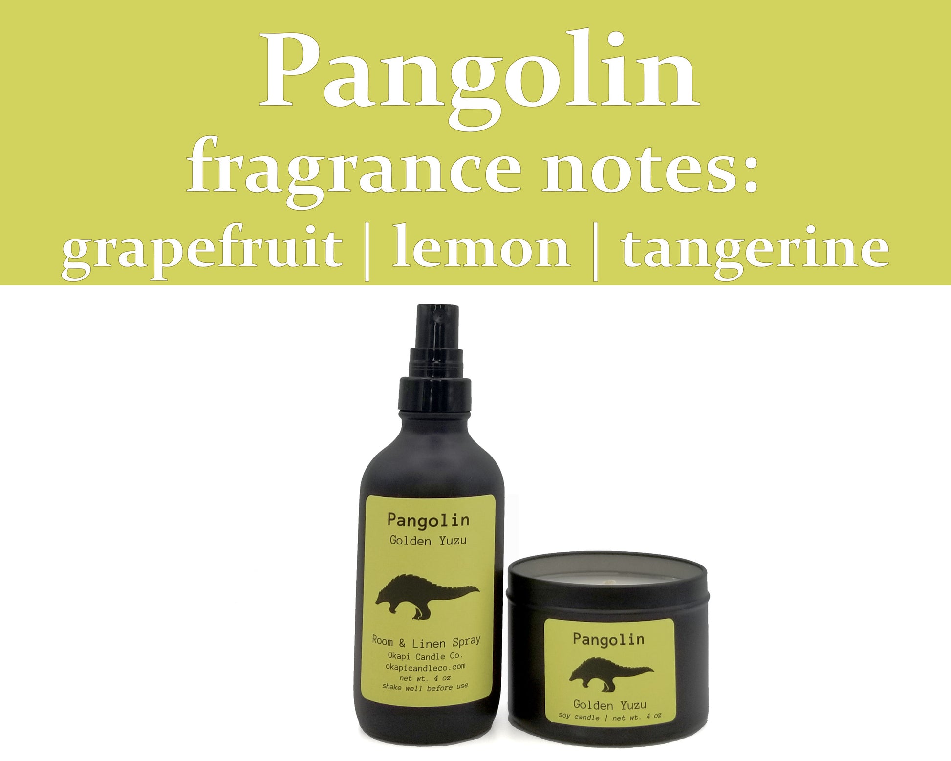 A candle and a room spray, both in matte black vessels with yellow labels featuring pangolins, sit in front of a bright white background. A yellow header describes the fragrance as a combination of grapefruit, lemon, yuzu, and tangerine. 