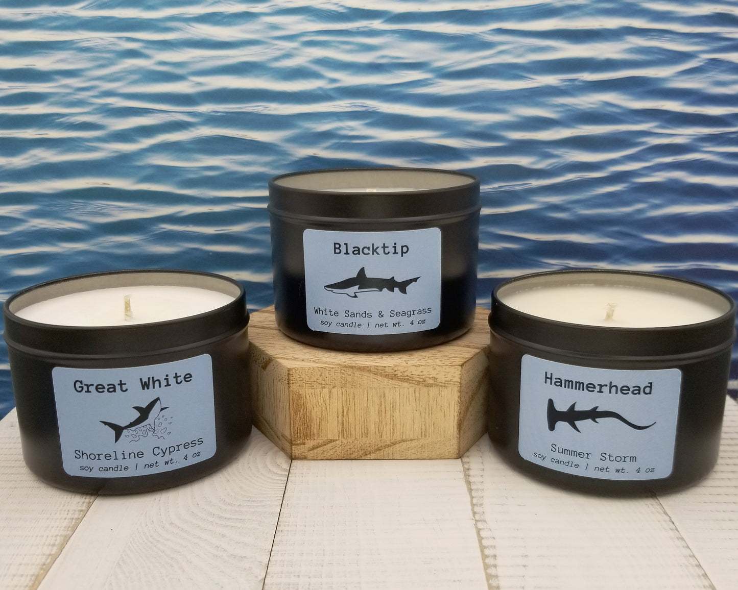 Shark-Inspired Beach Candle Bundle: Great White, Blacktip, and Hammerhead Shark Candles - Set of 3 Candles