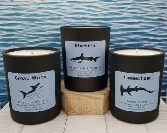 Shark-Inspired Beach Candle Bundle: Great White, Blacktip, and Hammerhead Shark Candles - Set of 3 Candles